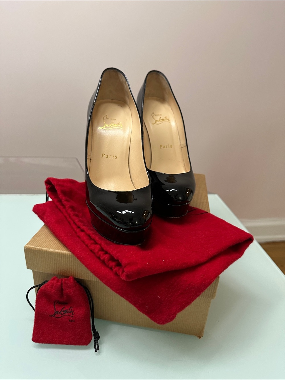 Christian Louboutin Bianca Black Patent Leather Platform Pumps with Red Soles